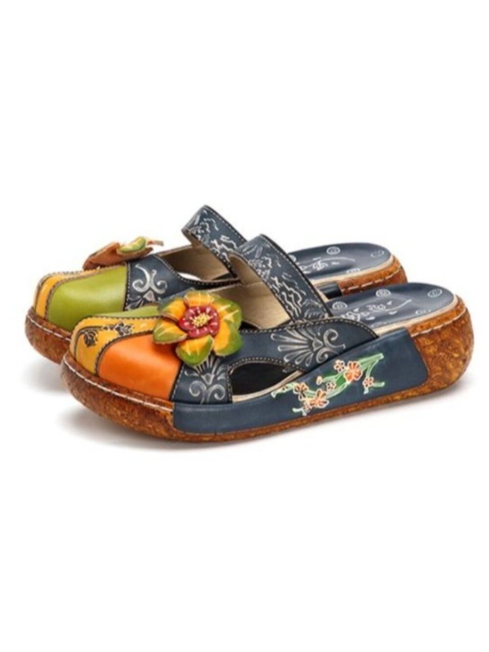 Women's Blue/Multi Flower Slip-On Leather Cut-Out Backless Platform Sandal Sz 41 - Picture 5 of 16
